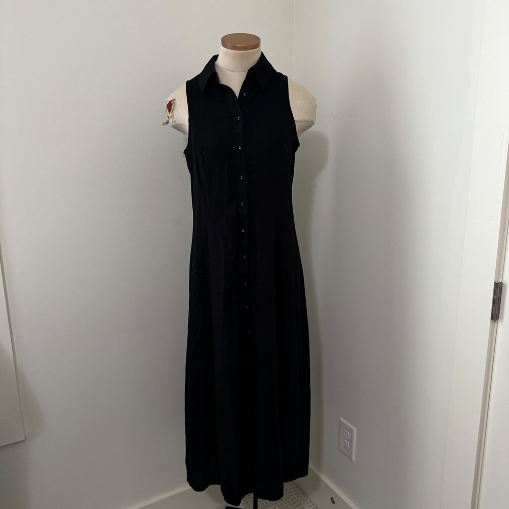 M Magaschoni XS Black Linen Blend Button Midi Maxi Dress Lagenlook Minimalist
